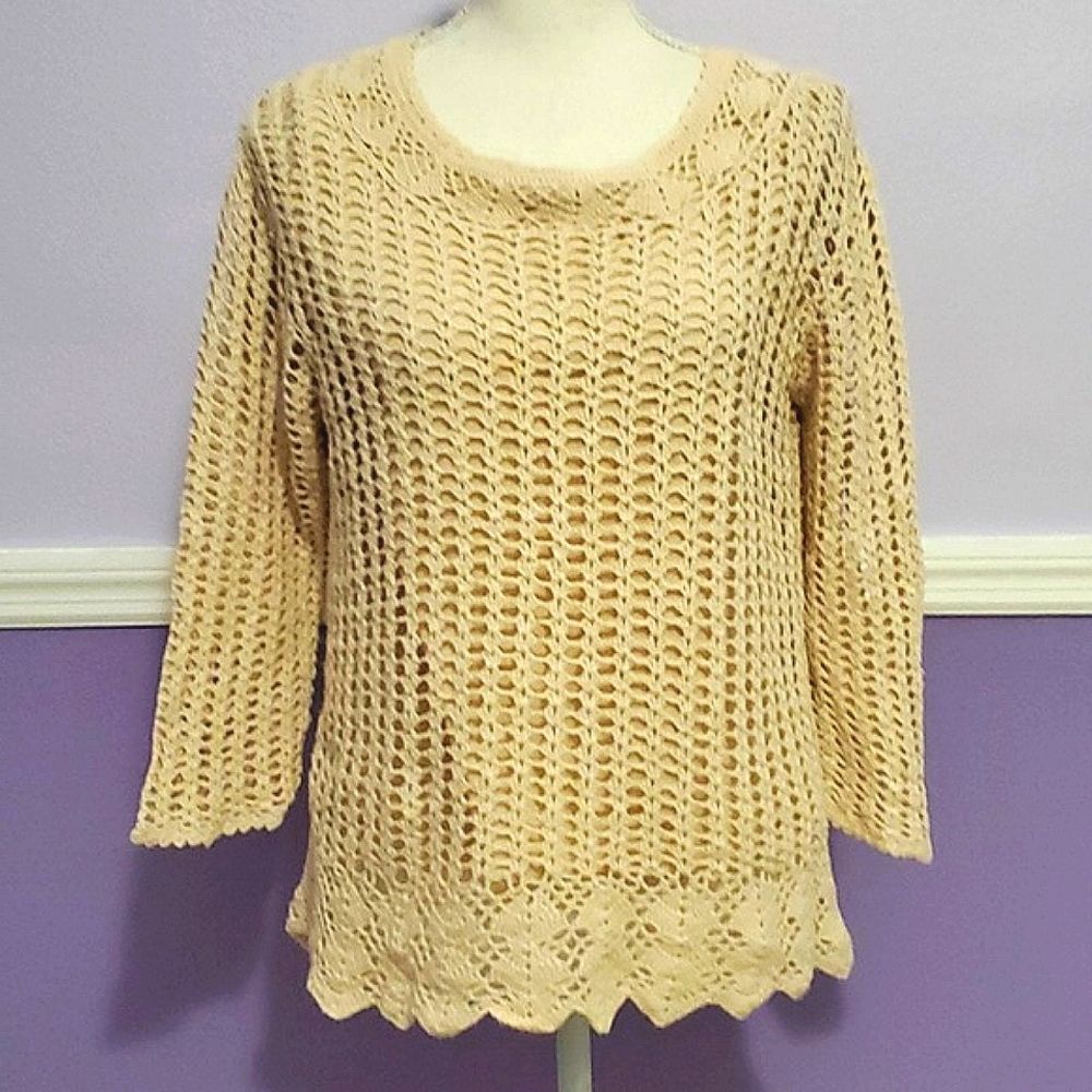 Boho Romantic Fairy Beige Crochet 3/4 Flare Sleeves Top With Cami M